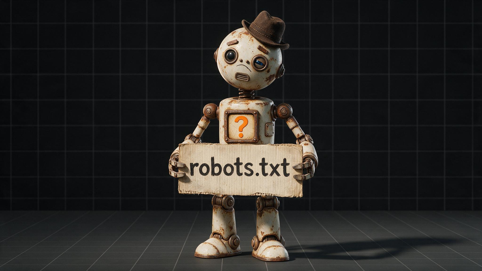 A rusted robot in a hat holds a cardboard sign reading robots.txt beneath an orange question mark.