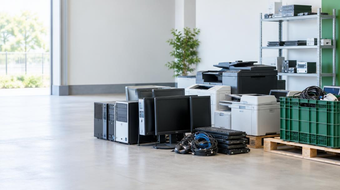 Illustrative electronics recycling room with computers, monitors, printers, and organized shelving