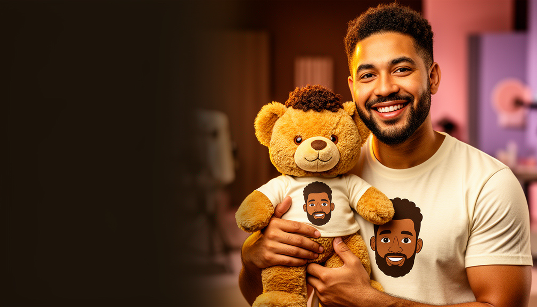 A person with dark curls and beard beside a brown bear plush wearing a custom illustrated avatar tee