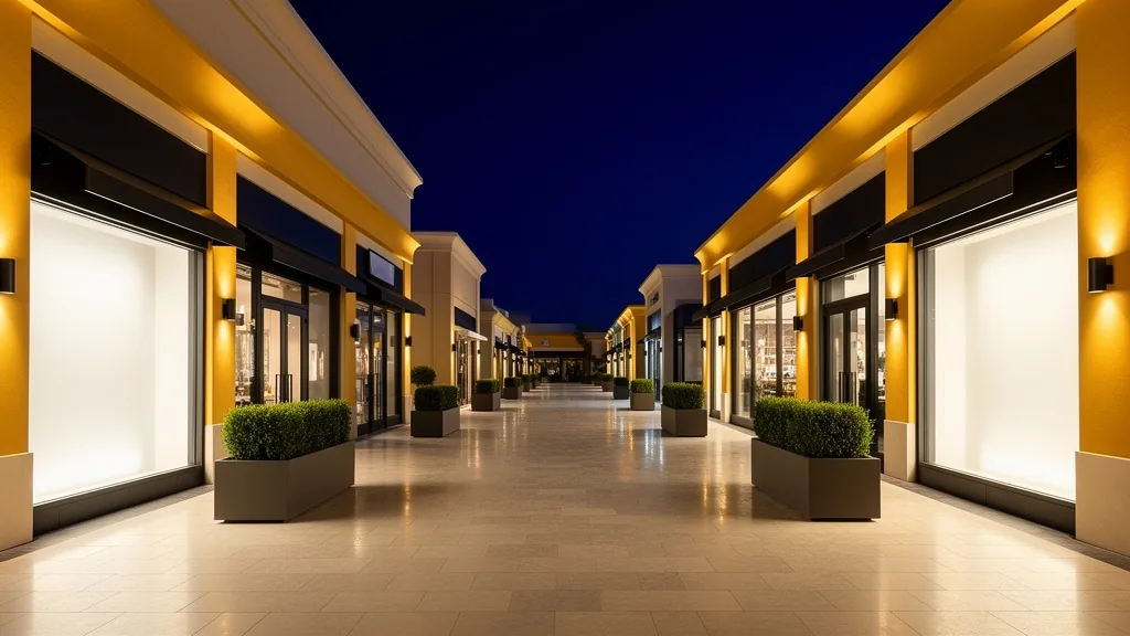 Unbranded retail and restaurant walkway in the evening.