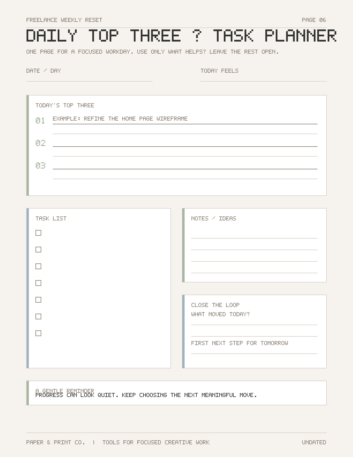 Freelance weekly reset planner weekly plan page