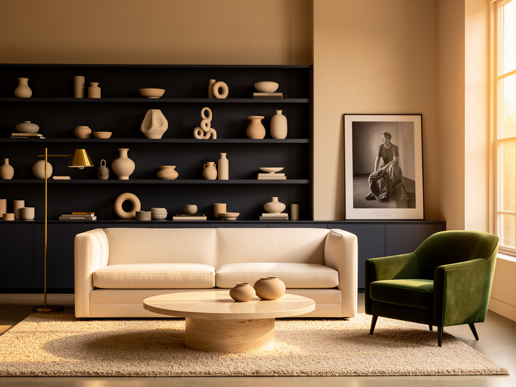 Organic modern living room with a cream sofa, sage lounge chair, and travertine table