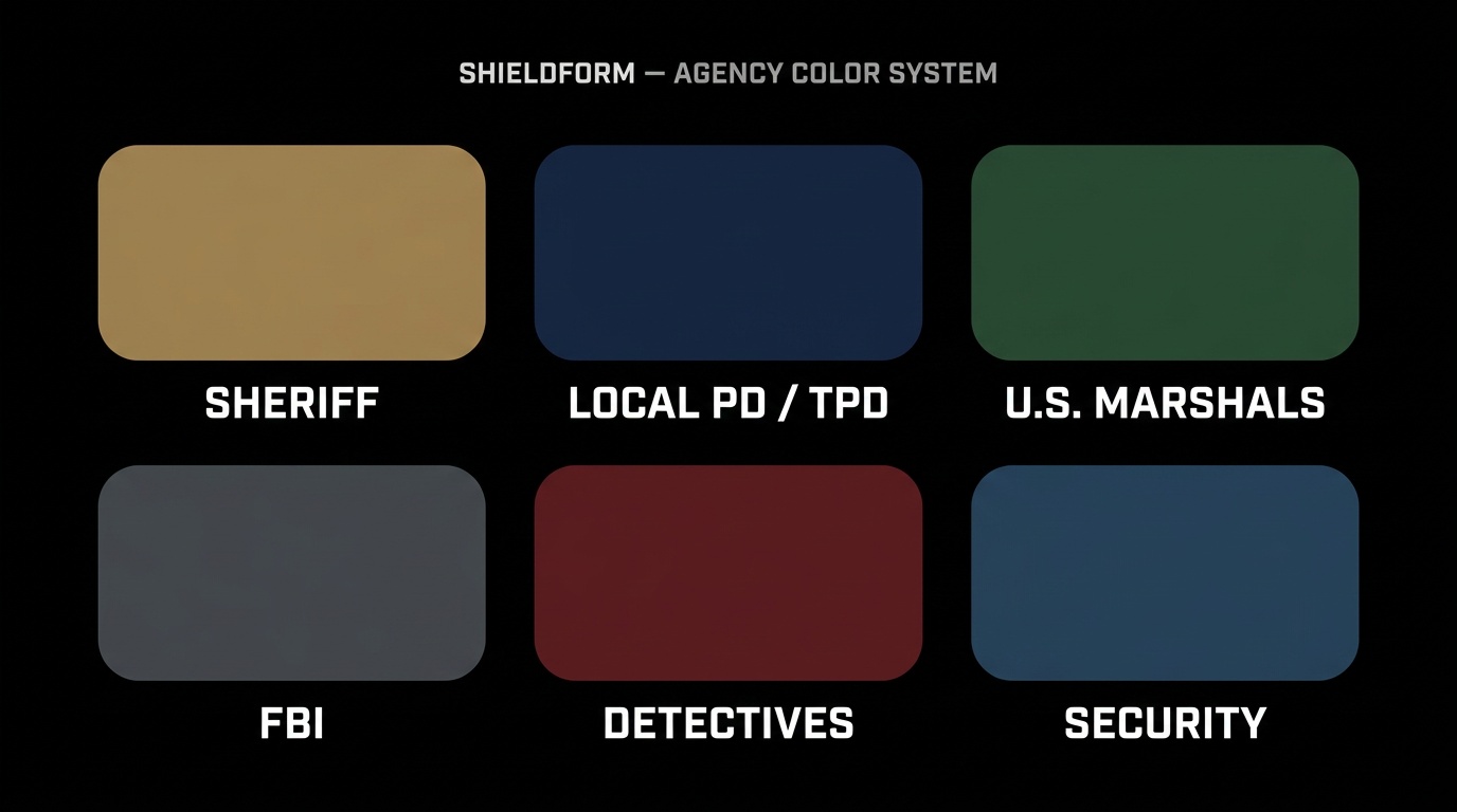 Agency and role color reference chart showing color-coded ShieldForm variants