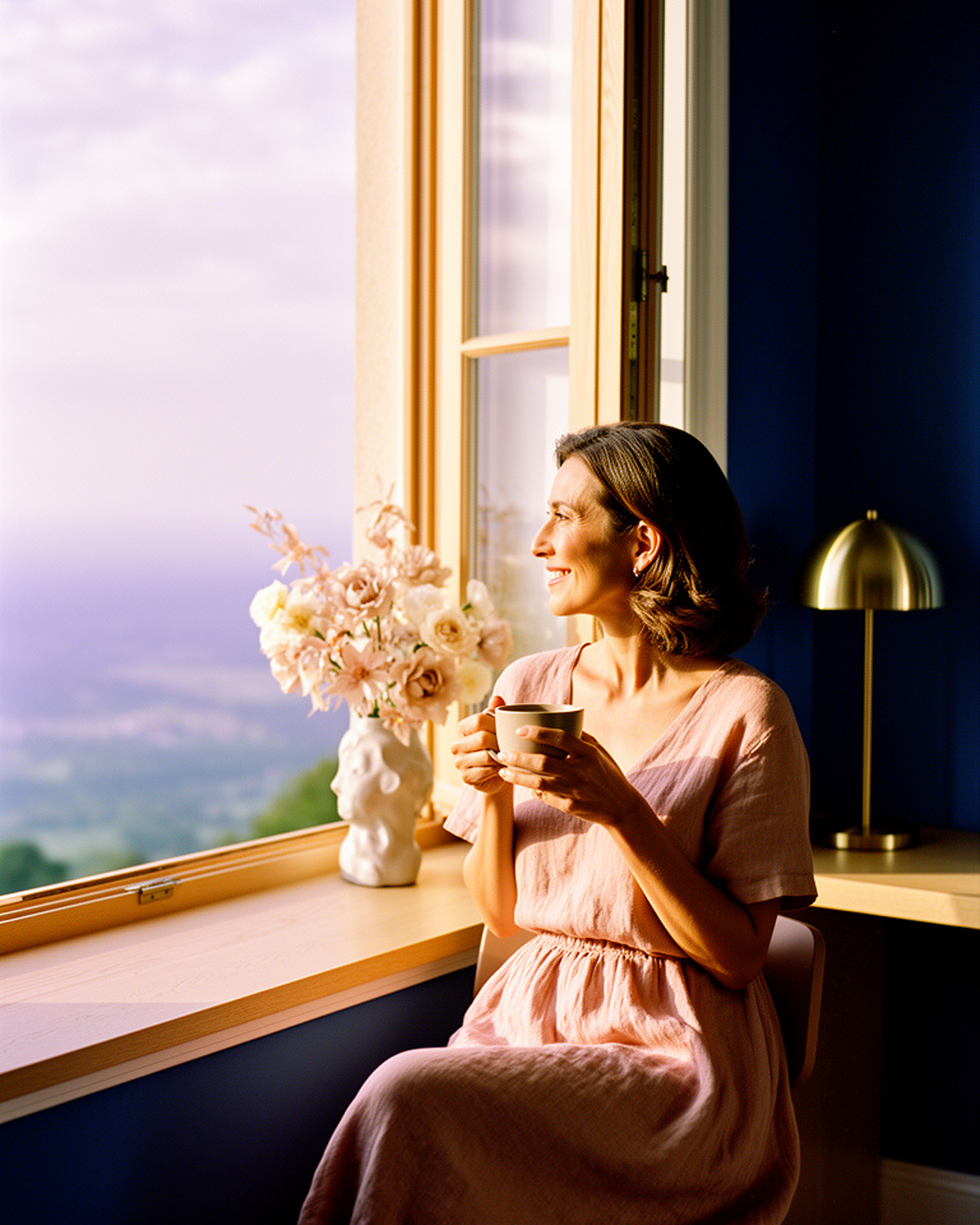A woman enjoying a calm morning beside a sunlit window at home.