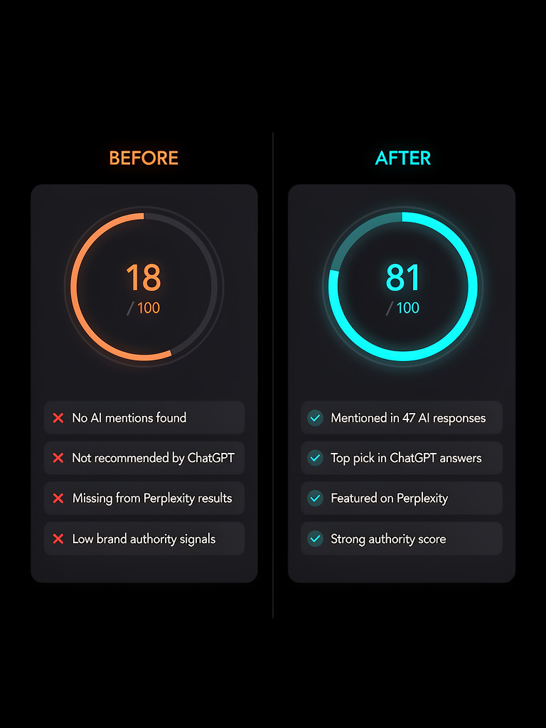 Before/after AI visibility score — 18 → 81 in 30 days