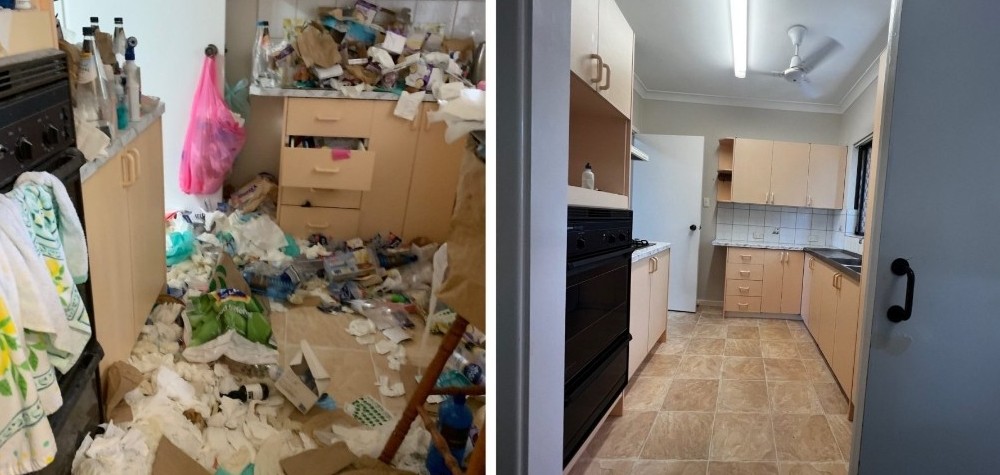 Before clutter reduction: a kitchen crowded with loose items and floor clutter.