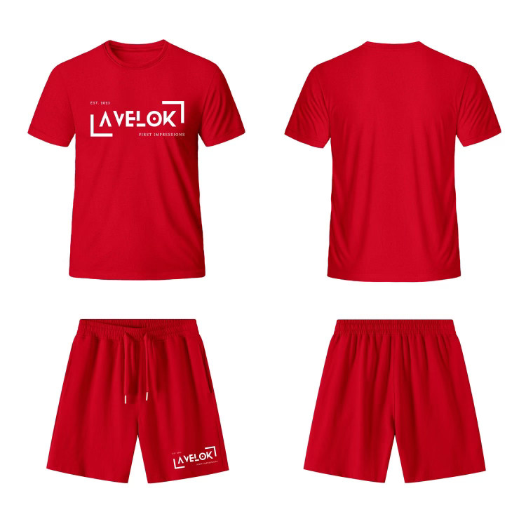 Avelok red matching tee-and-short set, front and back views