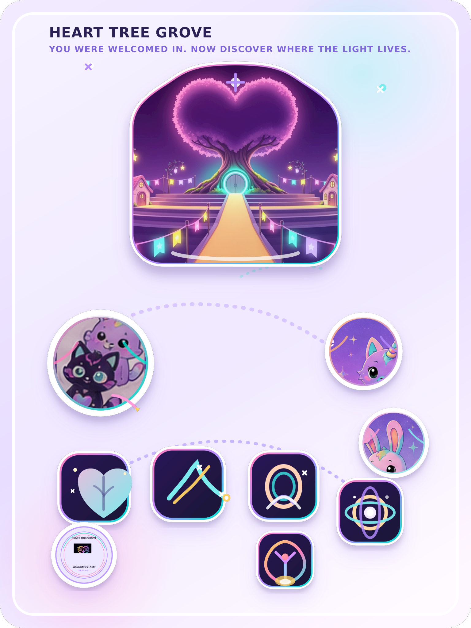 Heart Tree Grove scene with the glowing tree, Luma, and core world symbols.