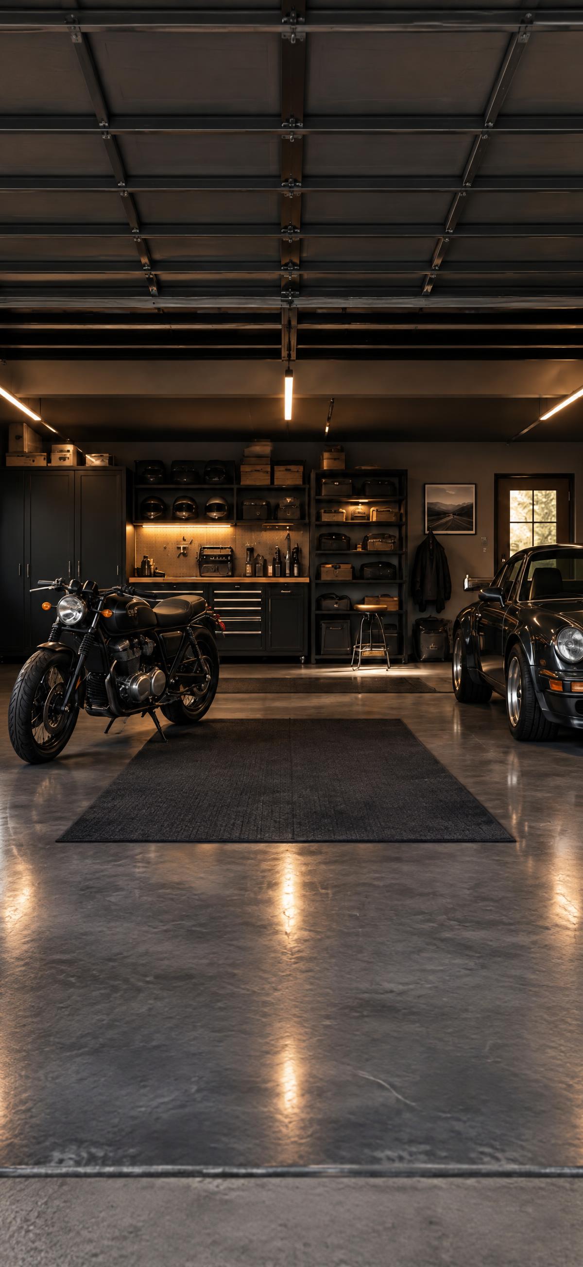 Example HANGAR garage plan with a motorcycle, car, and workshop