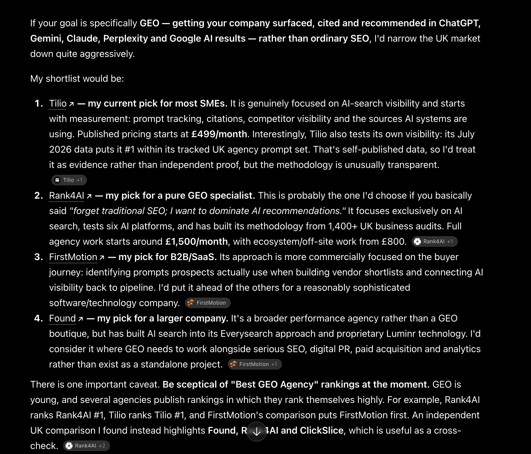 AI assistant response ranking UK GEO agencies and noting caveats about self-published agency rankings.