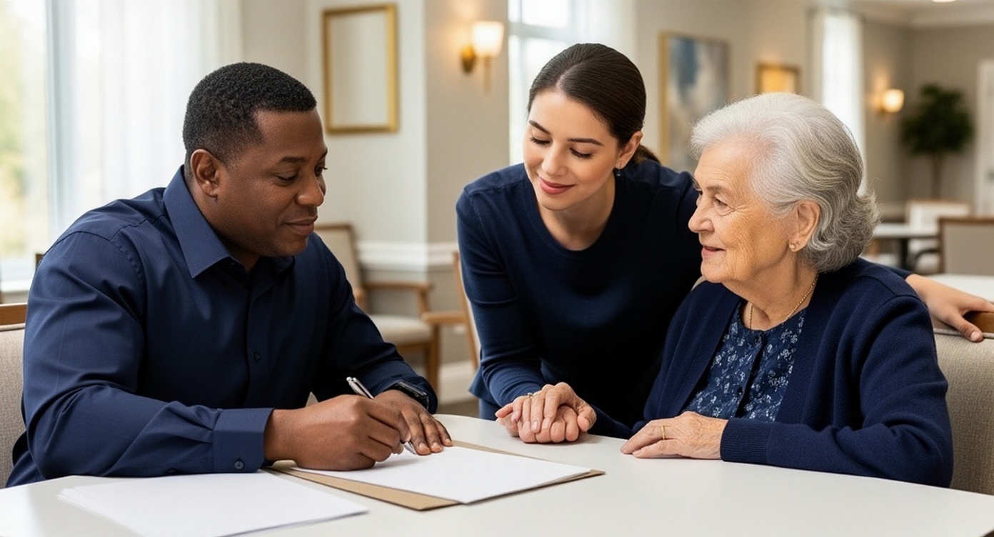 Notary public assisting an older client and her family with a document signing