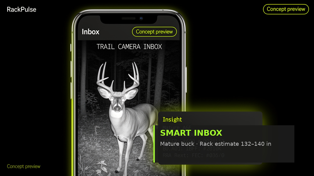 RackPulse concept preview showing a planned trail-camera inbox that prioritizes a notable deer sighting above filtered frames