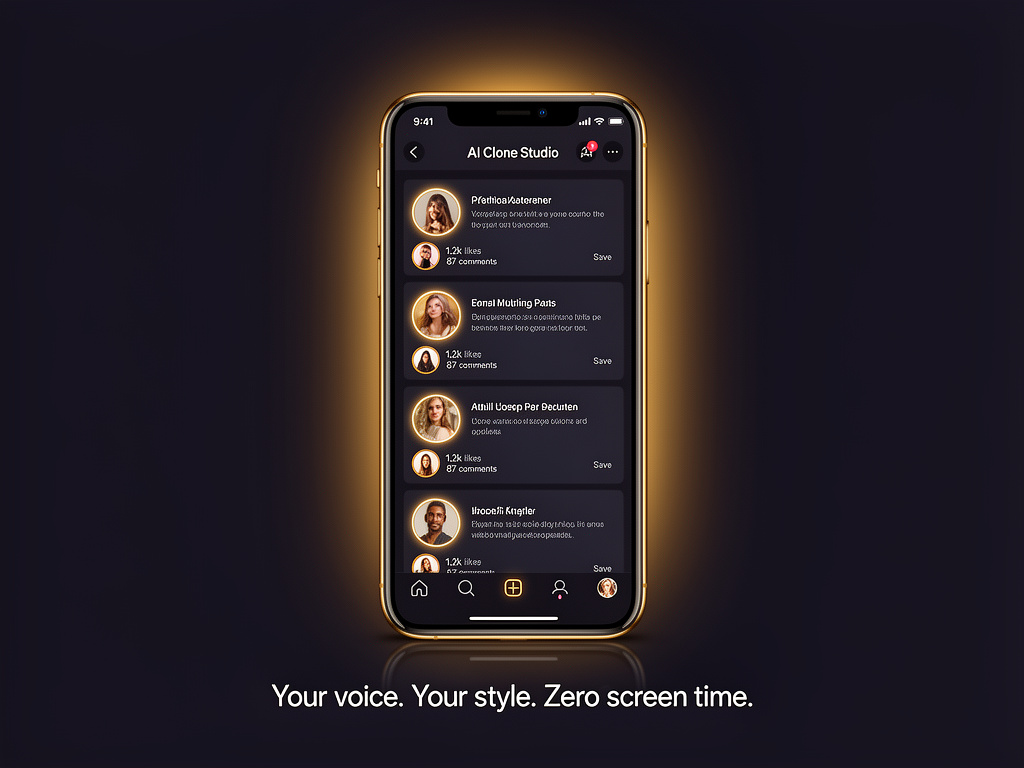 Phone mockup showing social media feed