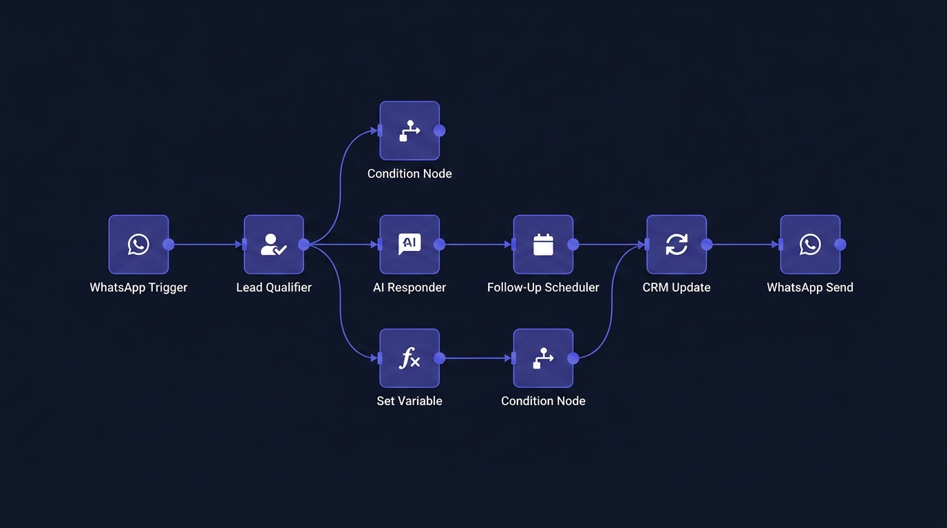 The complete 11-node WhatsApp follow-up workflow in n8n