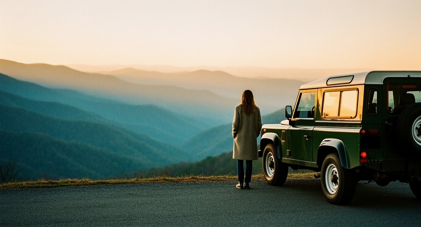 A traveler beside a green vehicle at a Blue Ridge mountain overlook