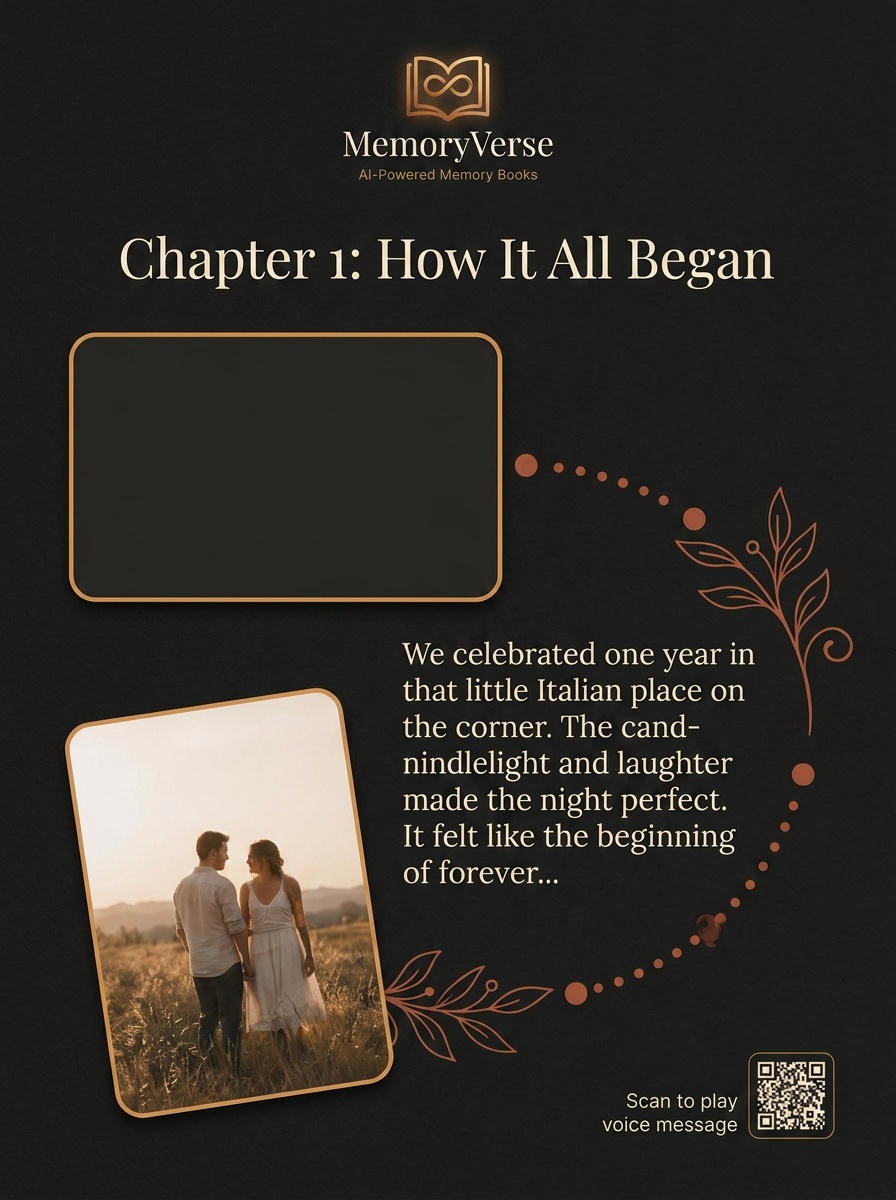 Illustrated memory page showing a chapter opener and narrative text, suitable for a monthly journal.