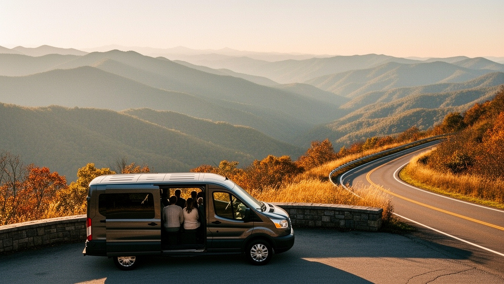 A small group beside a passenger van at a scenic Blue Ridge overlook