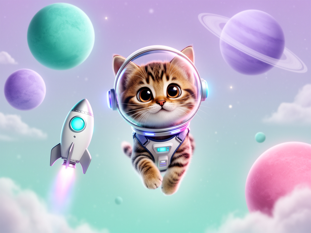 A curious kitten in a tiny astronaut suit on a bright moonlit mission