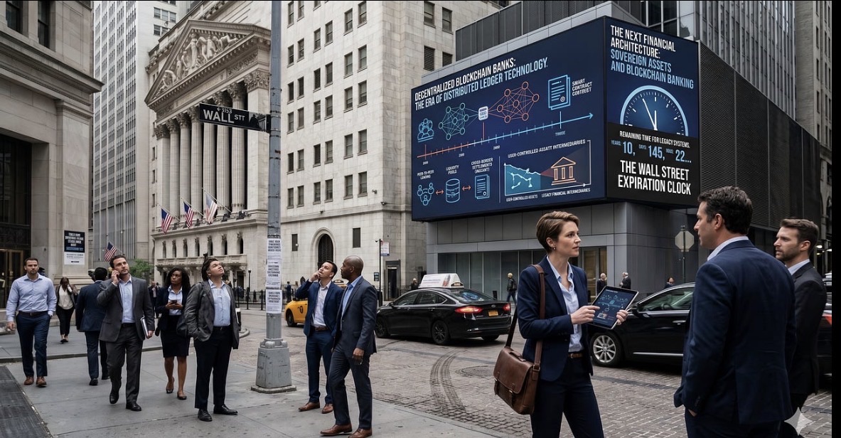 Pedestrians on Wall Street beside a building-sized financial technology billboard.