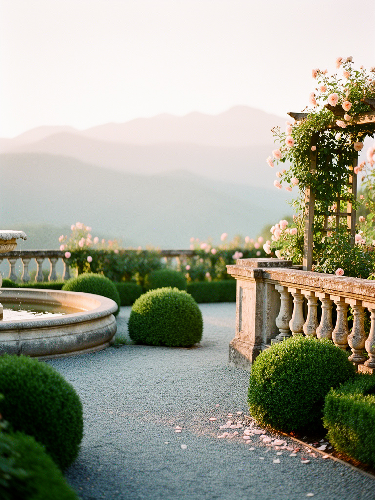 A formal garden terrace with roses and layered Blue Ridge mountains beyond