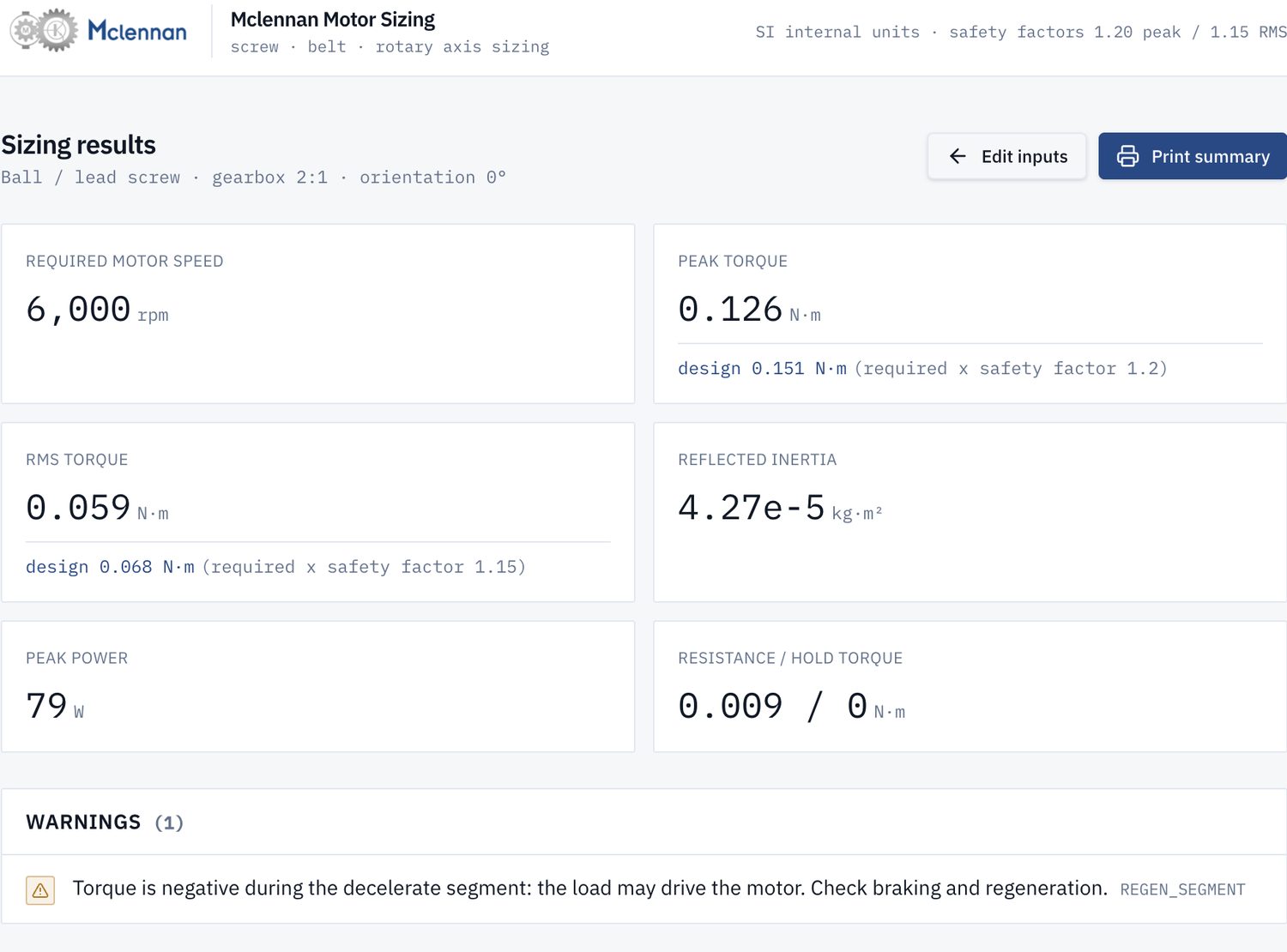 The results dashboard: required speed, peak and RMS torque with safety factors shown separately, reflected inertia, warnings with stable codes, and a ranked motor shortlist. Branding was applied as part of the proof-of-concept exercise.