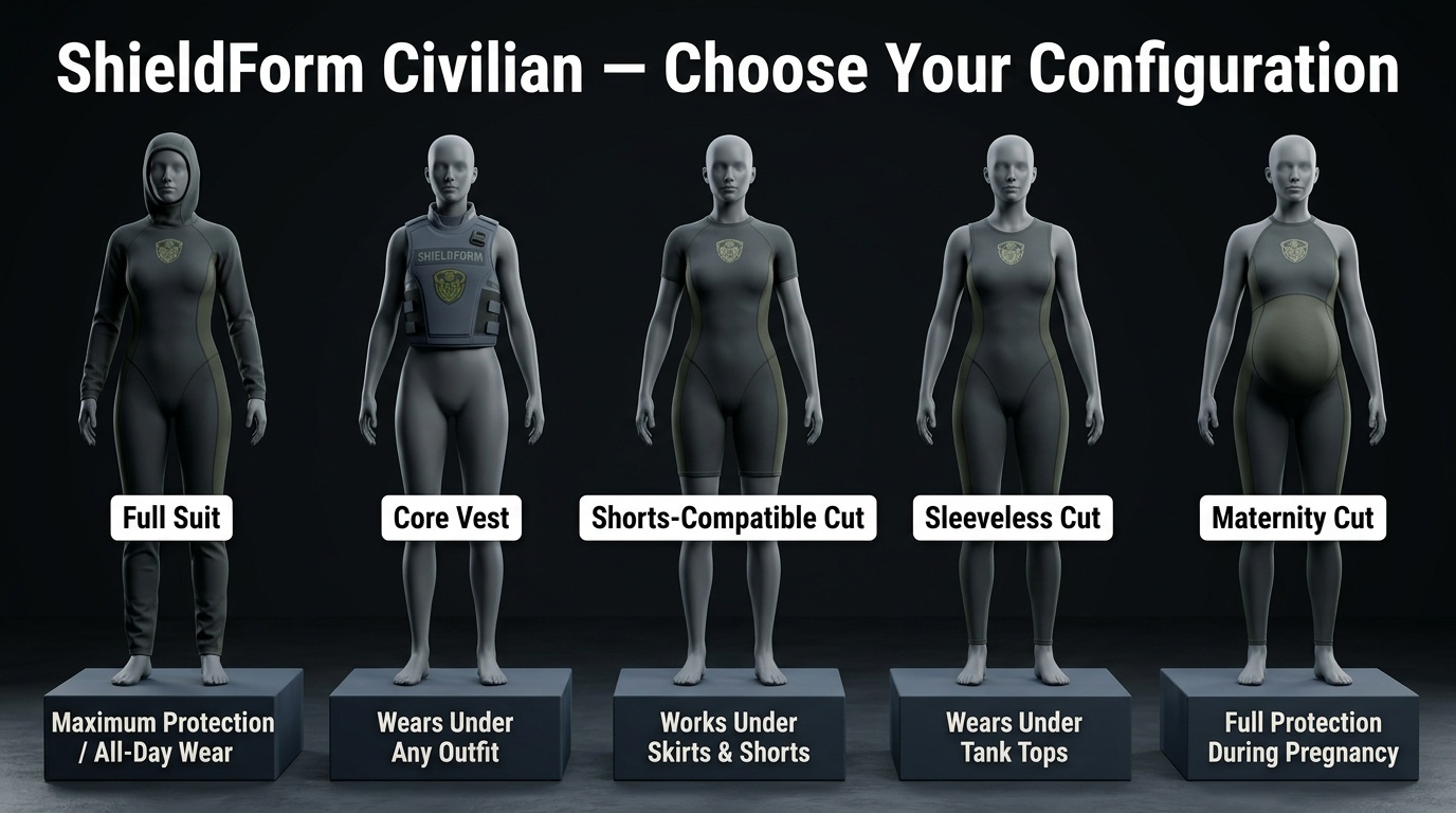 Civilian ShieldForm configuration lineup showing full suit, core vest, shorts-compatible, tank top, and maternity cuts