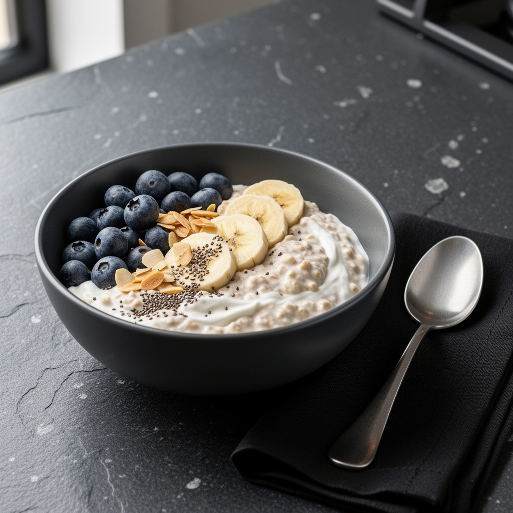 Overnight protein oats topped with blueberries, banana slices, chia seeds, and almonds in a charcoal bowl