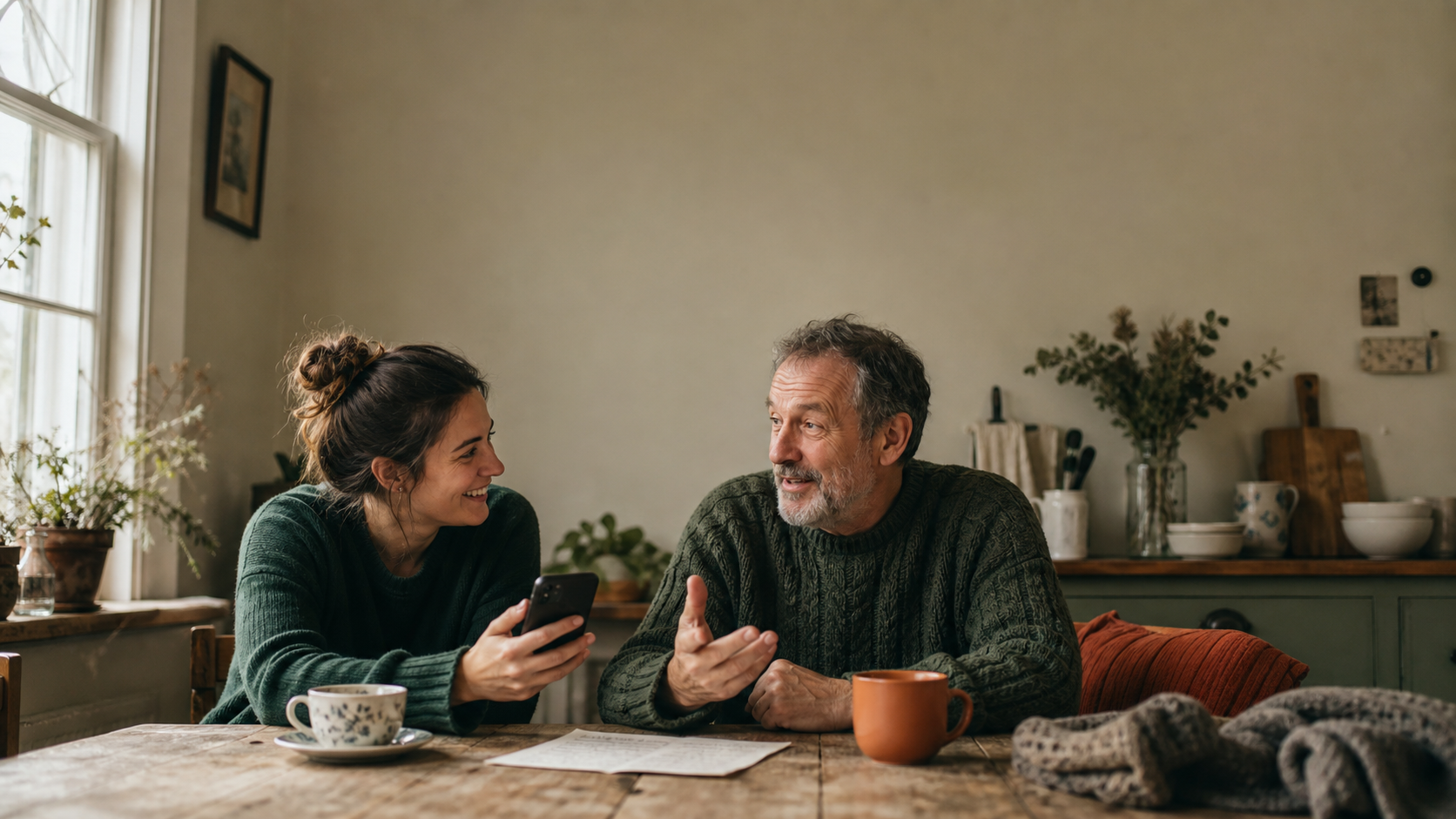 An adult child recording a father's story at a kitchen table