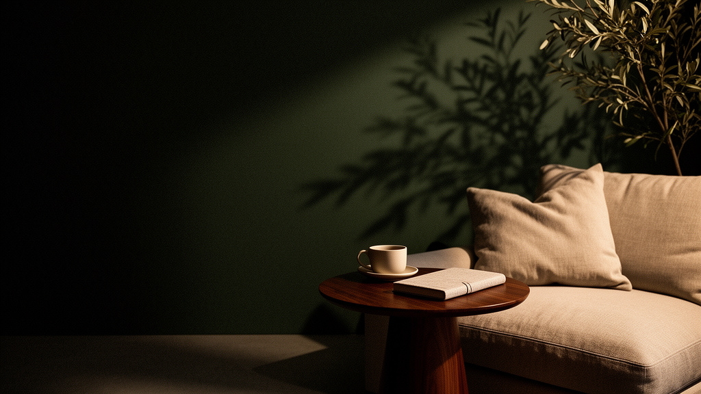 Warm consultation setting with linen seating and tea.