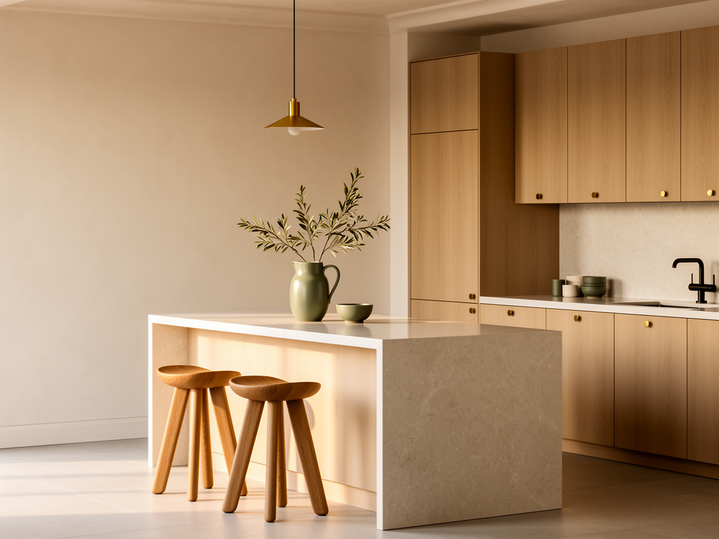 Sunlit kitchen with pale stone island, oak cabinets, and brass pendant lights
