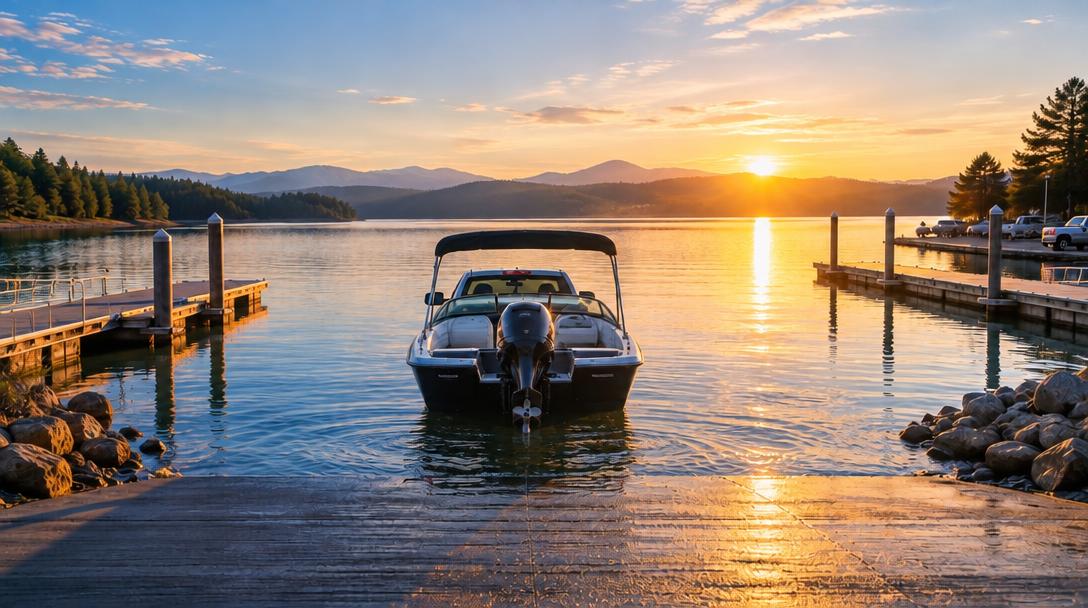 A boat at a ramp on a calm lake at sunset