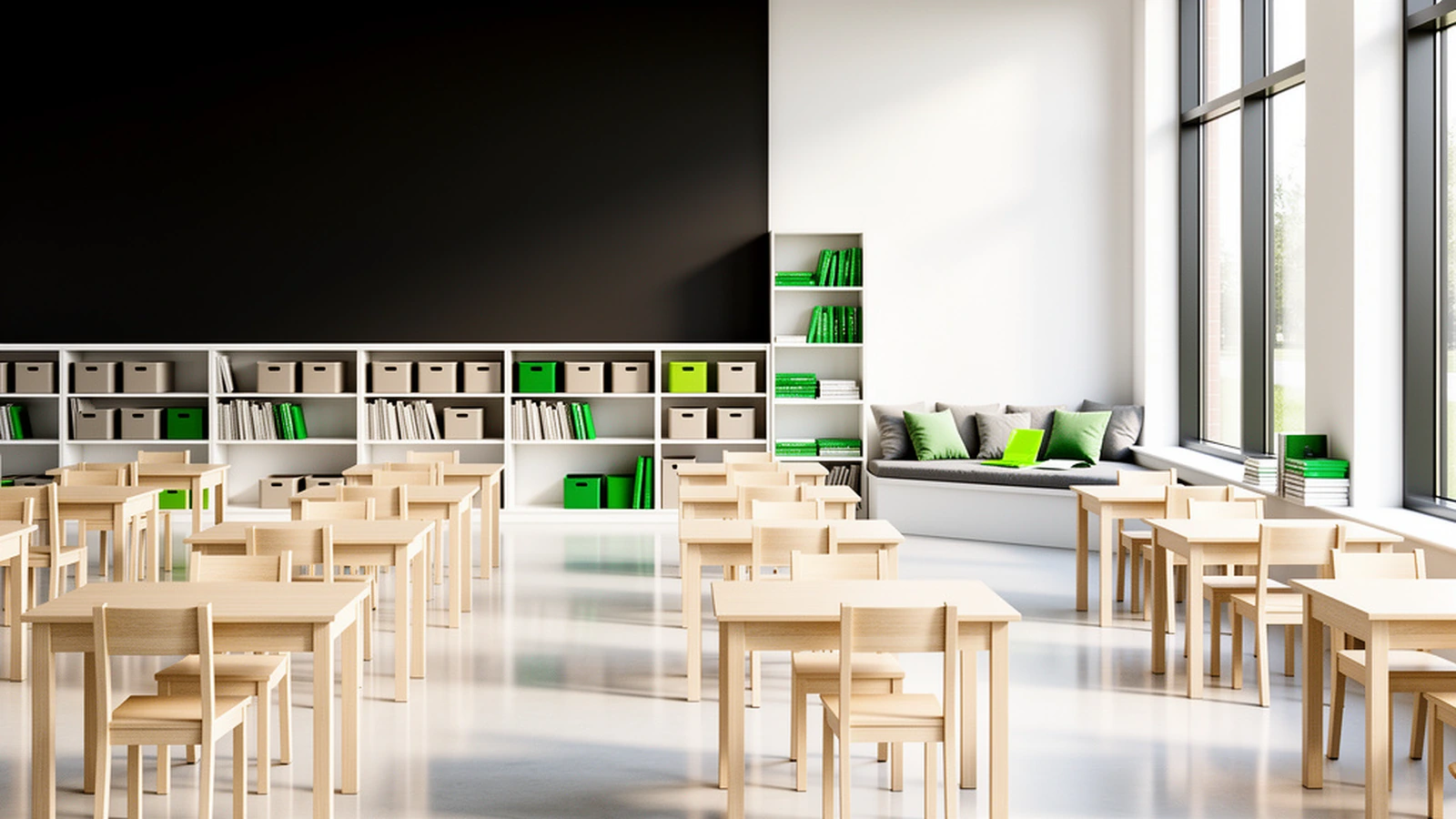 Clean, organized classroom with ready learning spaces and polished floors