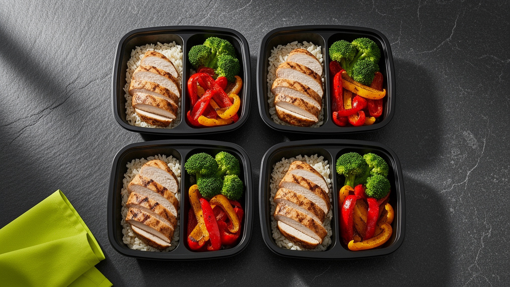 Chicken rice meal-prep boxes with roasted peppers and broccoli in black containers