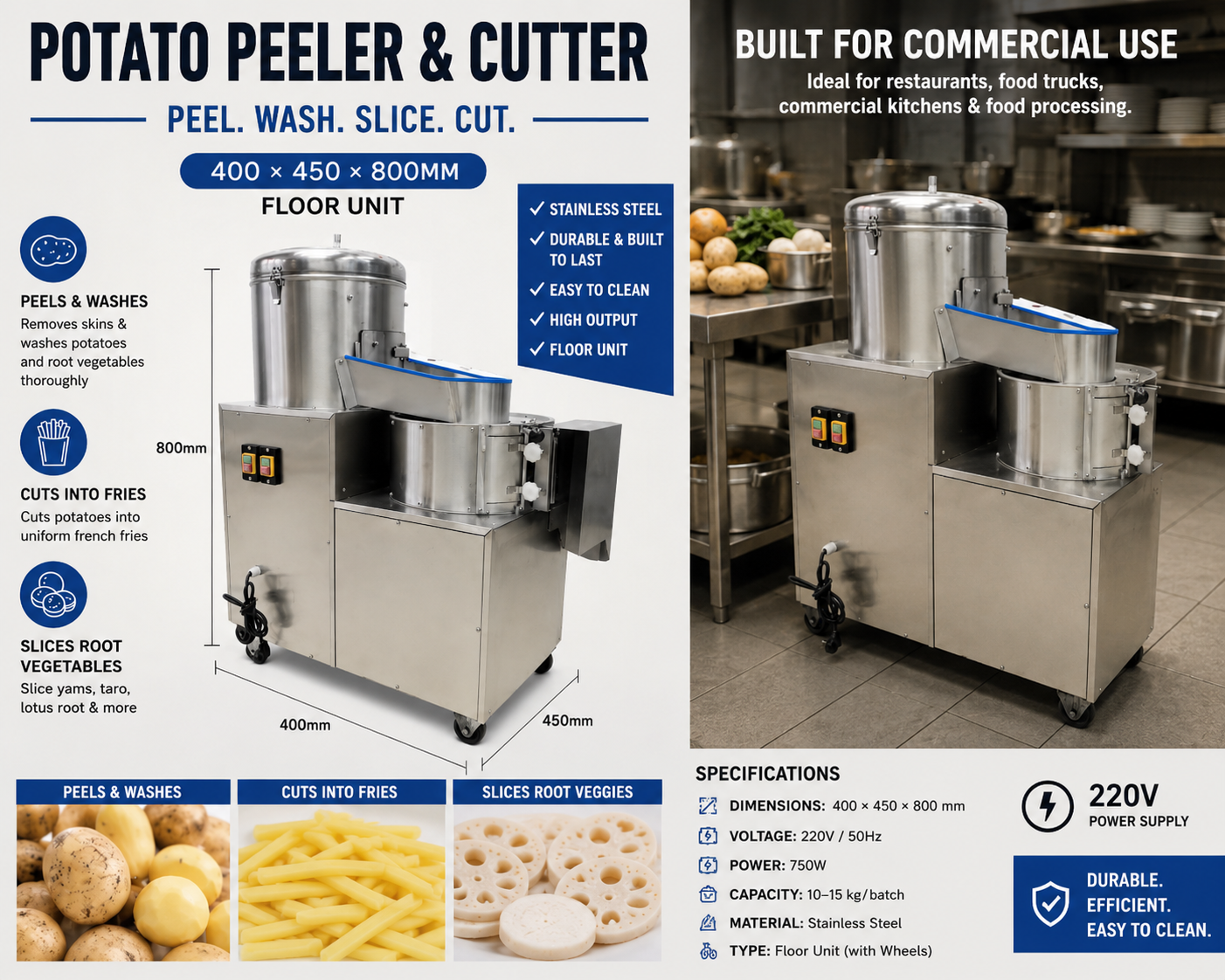 Commercial stainless-steel potato peeling and cutting machine with product specifications