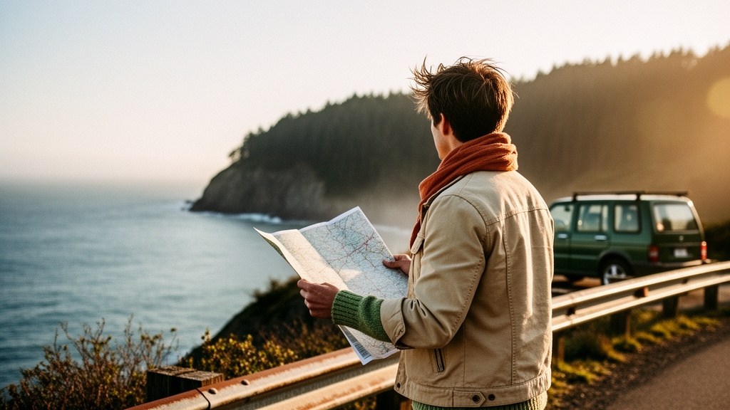 Solo traveler taking in a coastal overlook with a map