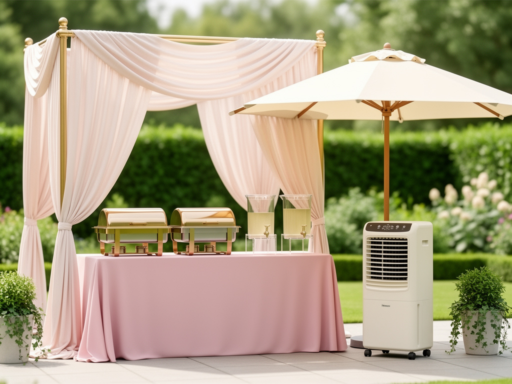 Illustration of a shaded outdoor catering station with serving equipment and a portable cooling unit.