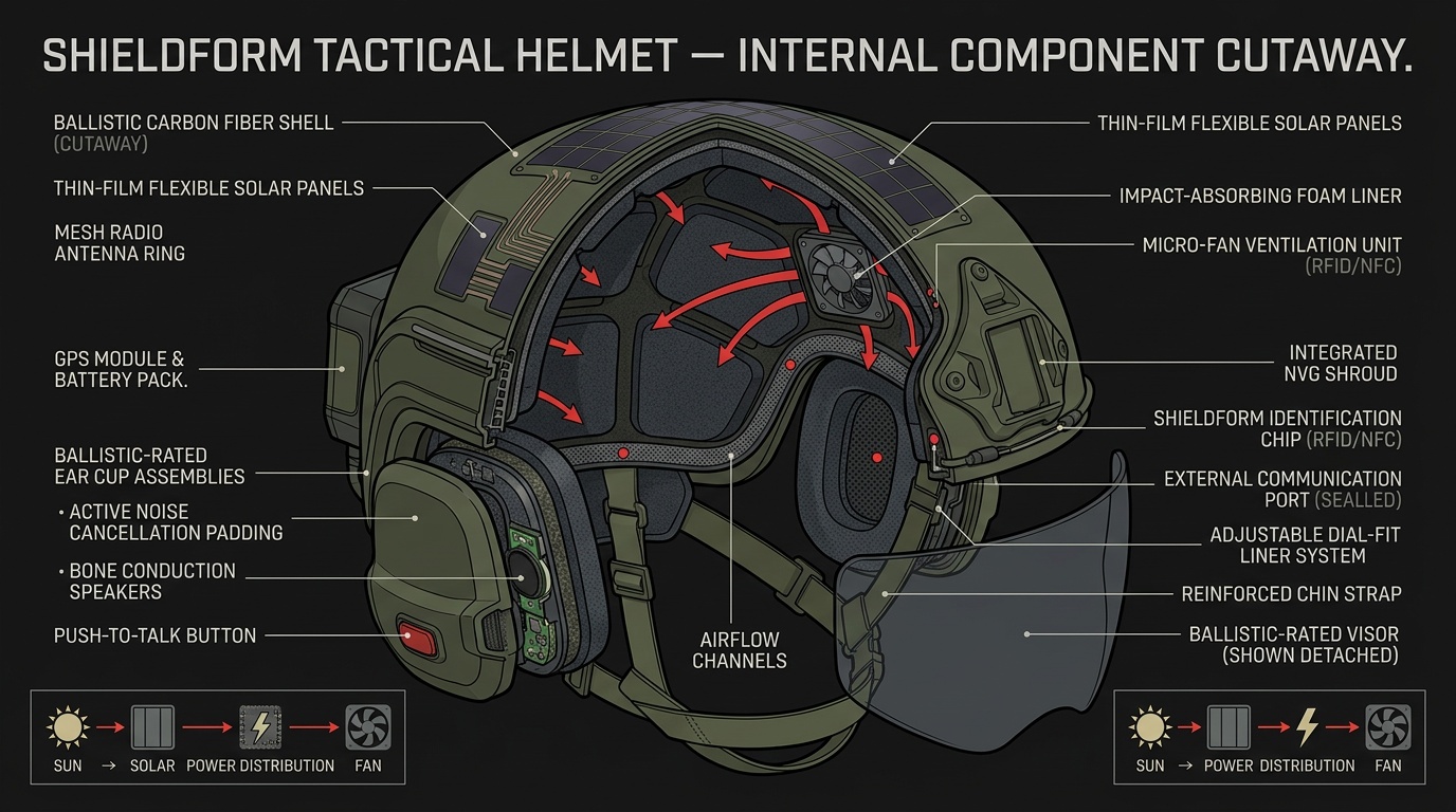 Interior cutaway diagram of the ShieldComm helmet showing communications hardware and comfort lining