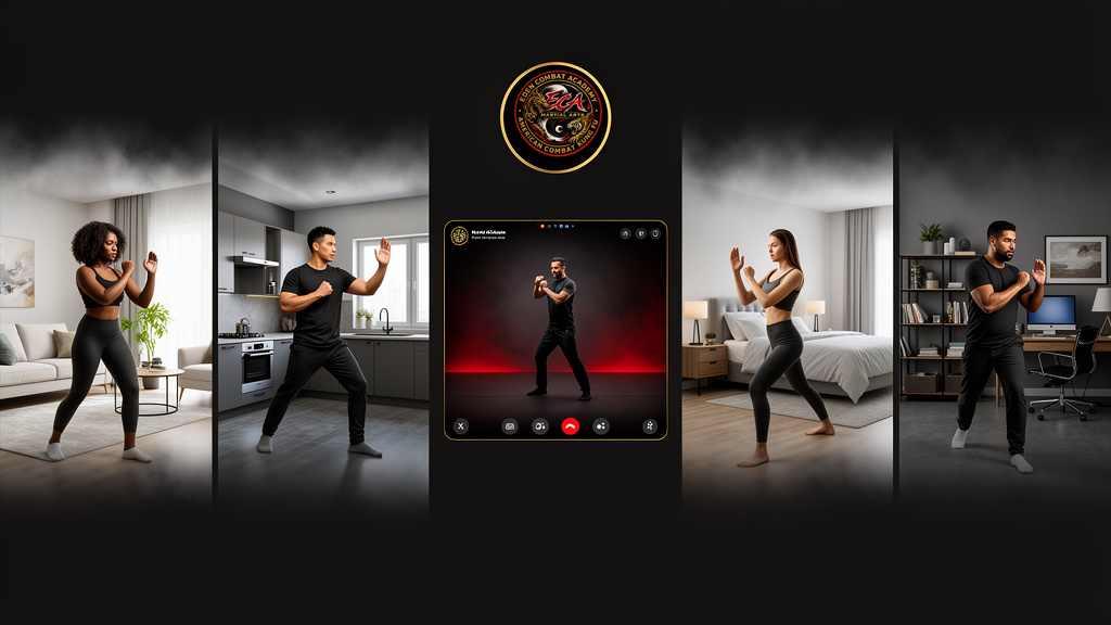 Students following an ECA live group martial arts class from home