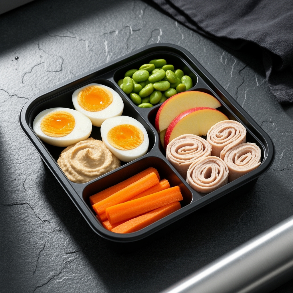 Protein snack box with eggs, edamame, apple slices, carrots, hummus, and turkey roll-ups