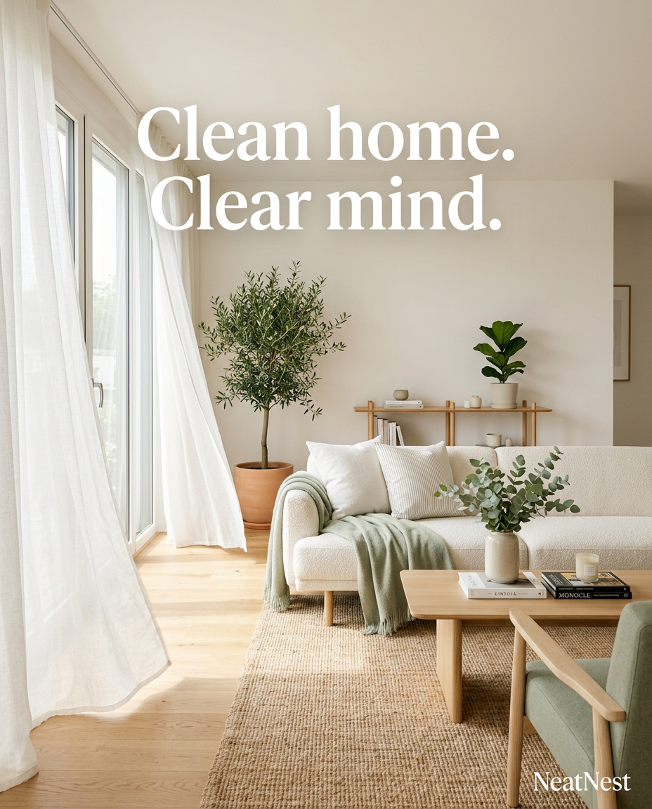 Sunlit NeatNest living room with a calm, freshly cared-for feel