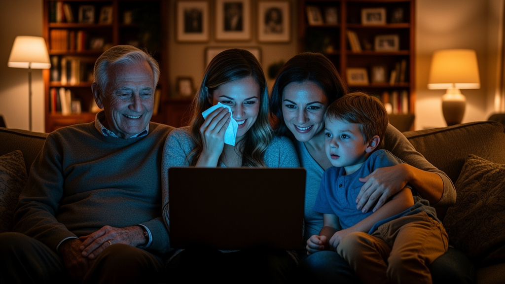Three generations of a family watching a laptop together in a softly lit living room.