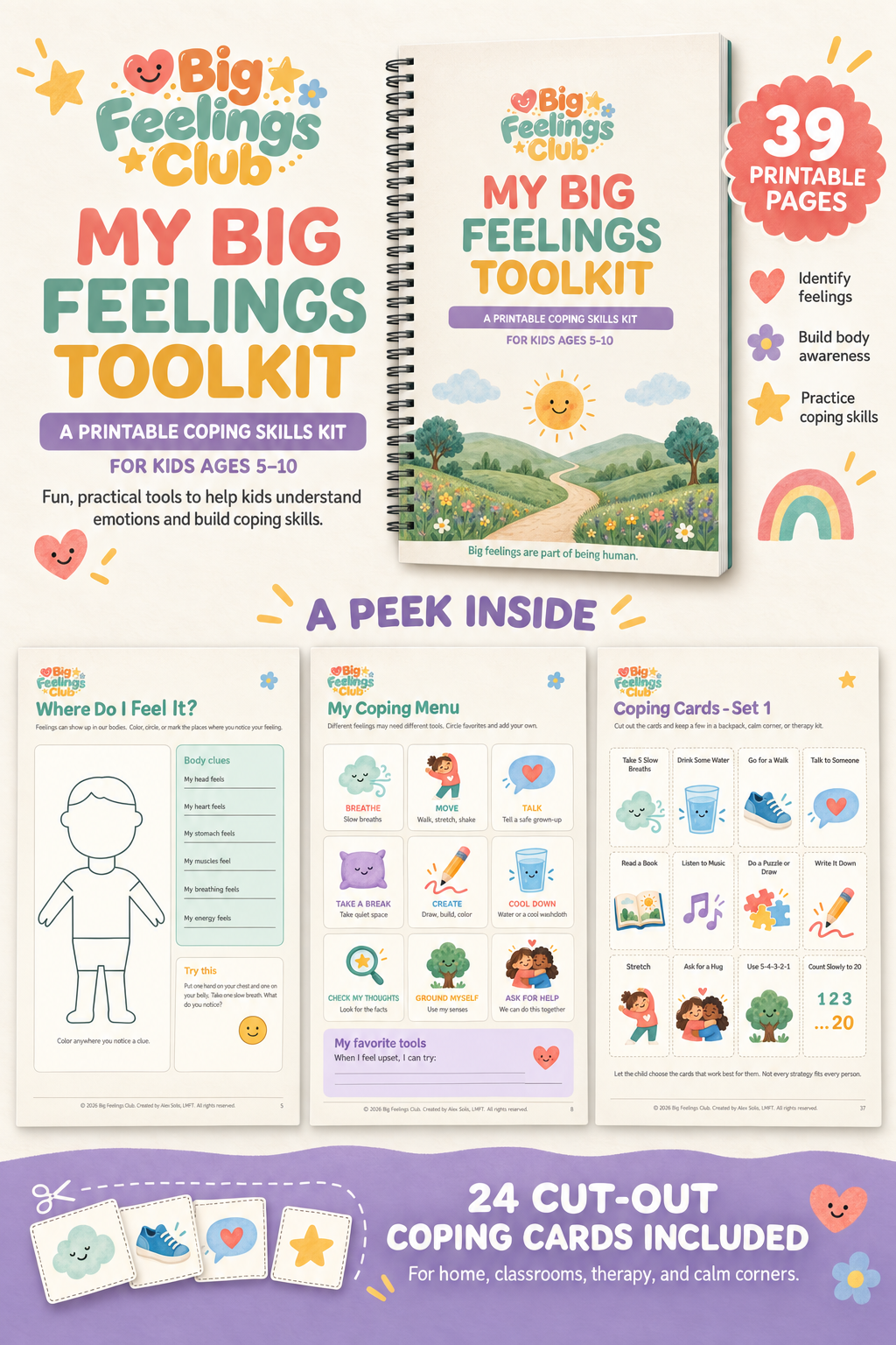 My Big Feelings Toolkit printable coping skills kit mockup with activity previews