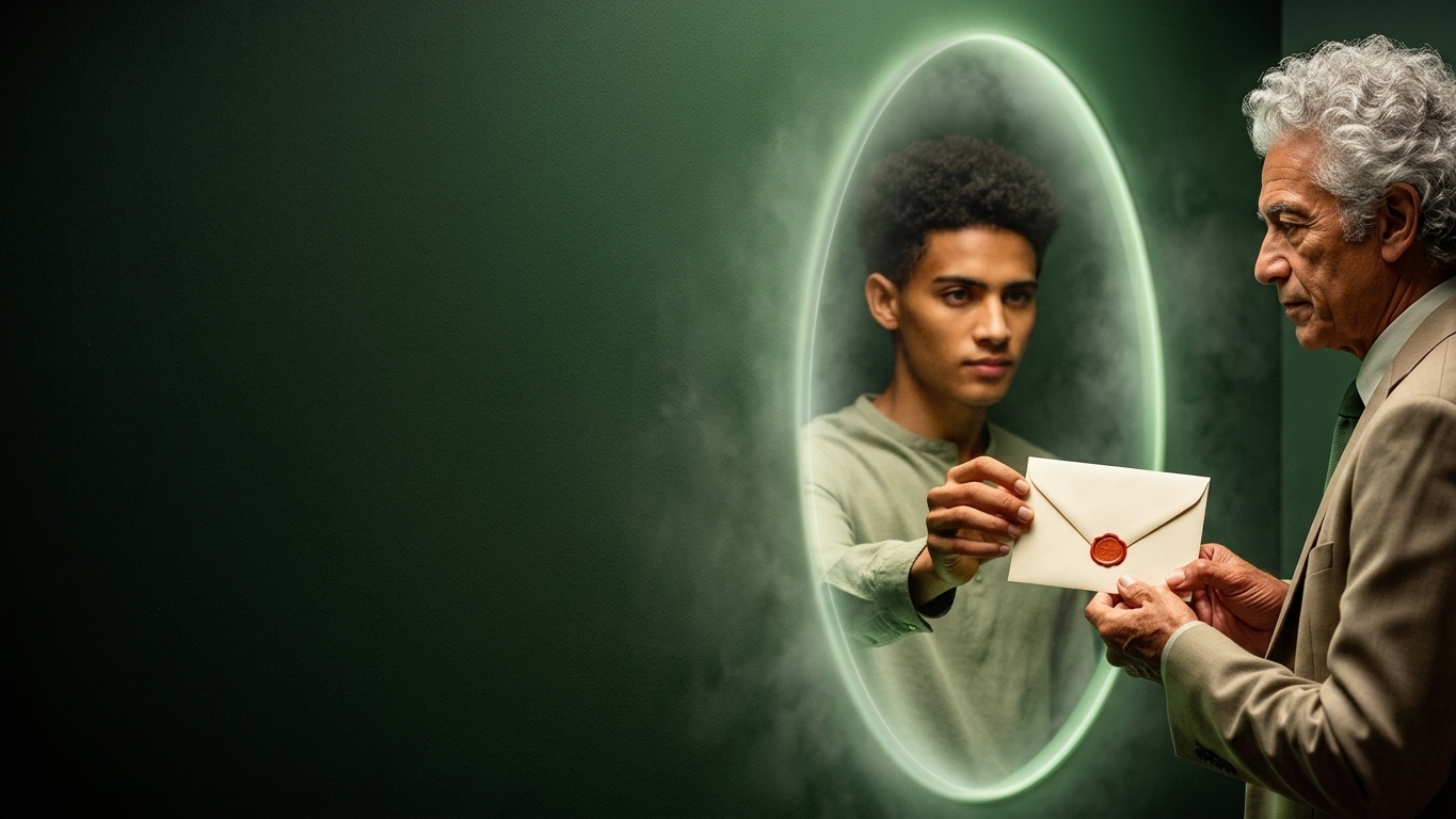 A letter passing through a glowing threshold toward a future self