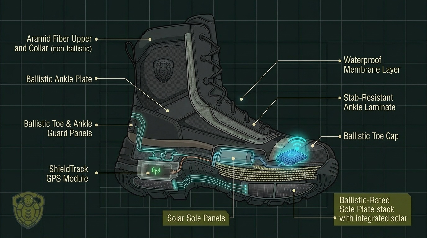 High-Top Combat ballistic shoe cutaway — internal layer view
