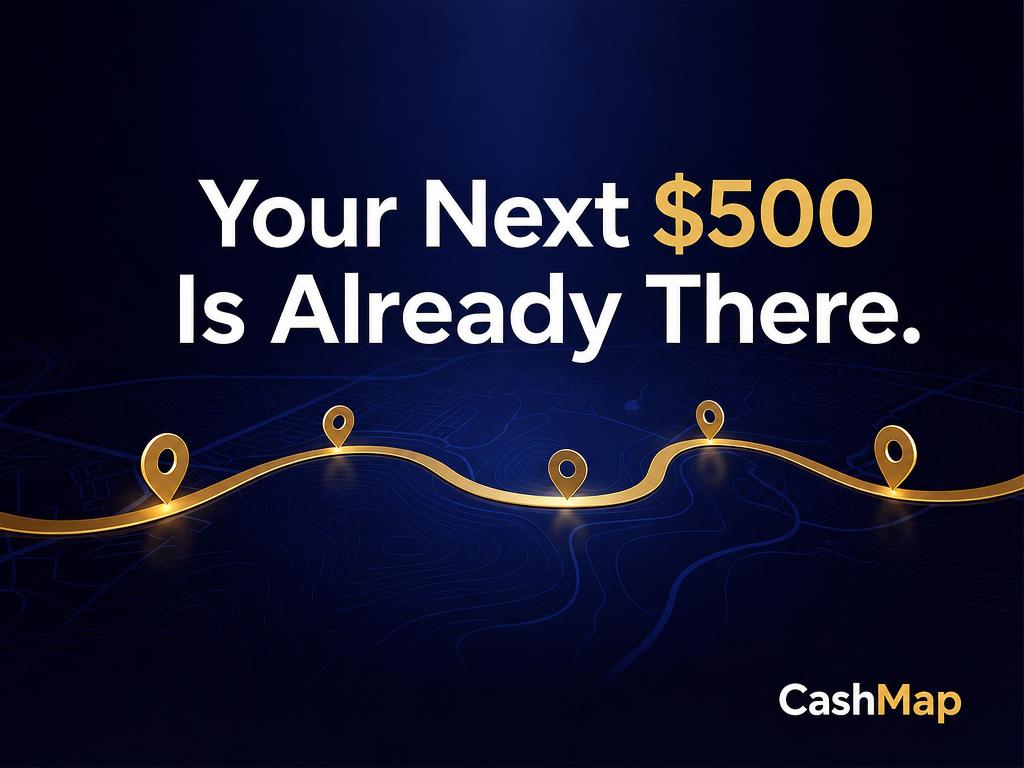 CashMap visual stating that your next $500 is already there, shown above a gold route across a map.