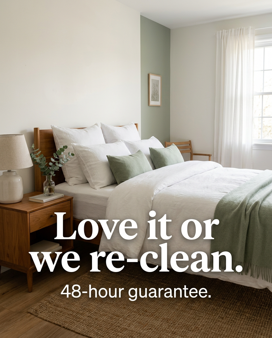 Freshly made bedroom with the NeatNest 48-hour re-cleaning guarantee