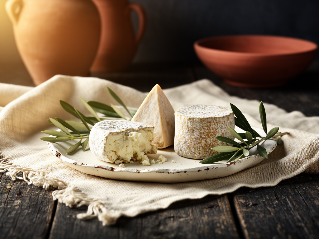 Editorial still life of rustic cheeses, linen, and olive branches for Mediterranean pantry inspiration