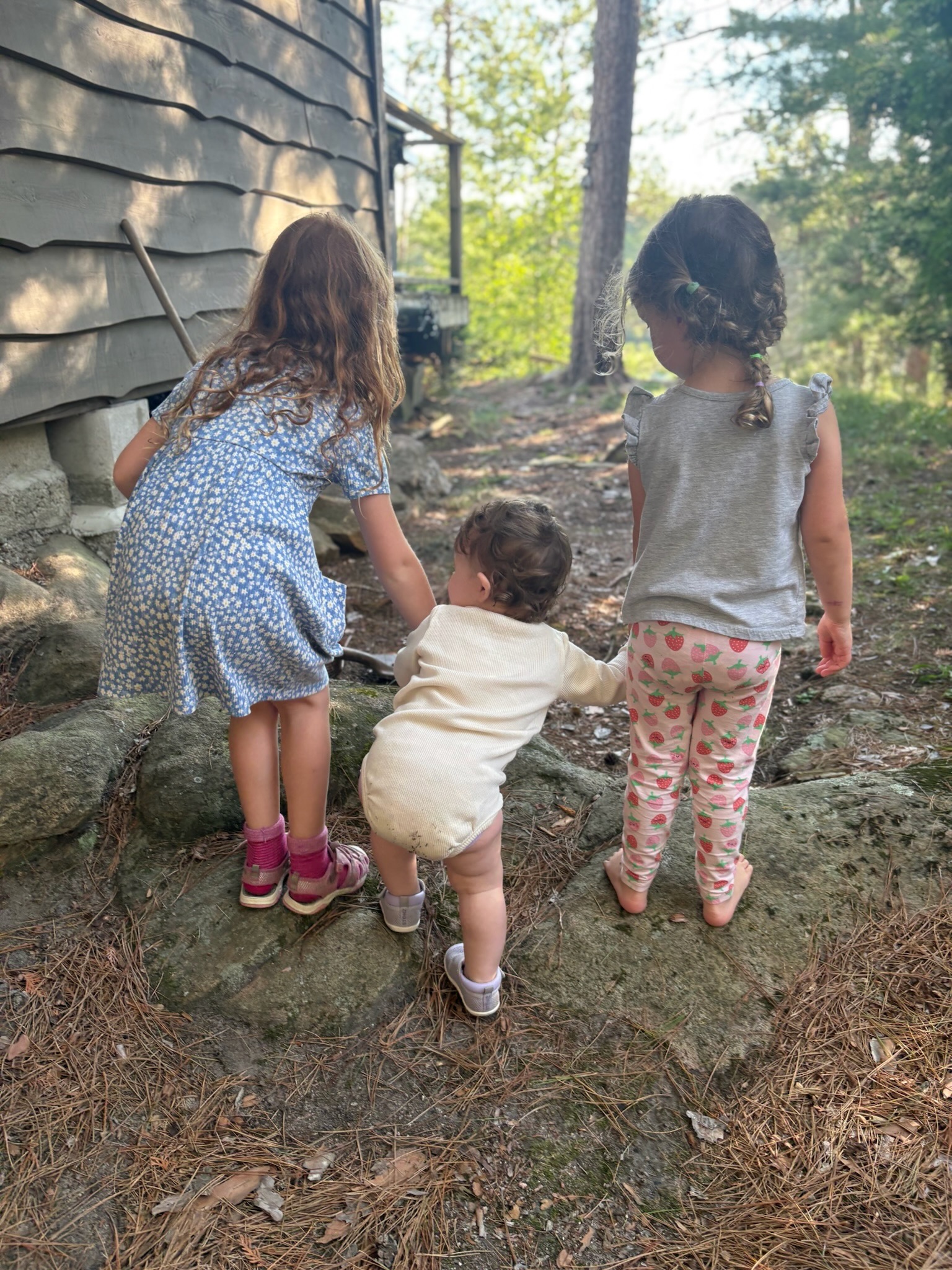 Three children walking together outdoors, seen from behind
