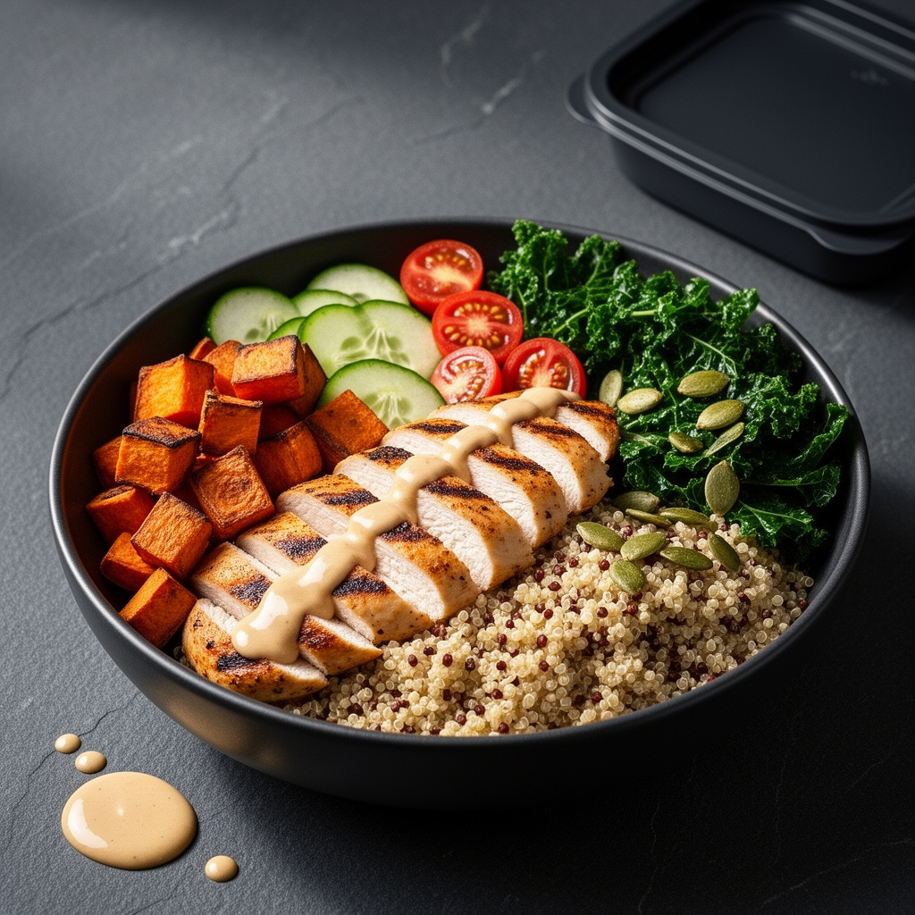 Grilled chicken quinoa bowl with sweet potato, cucumber, tomatoes, kale, and pumpkin seeds