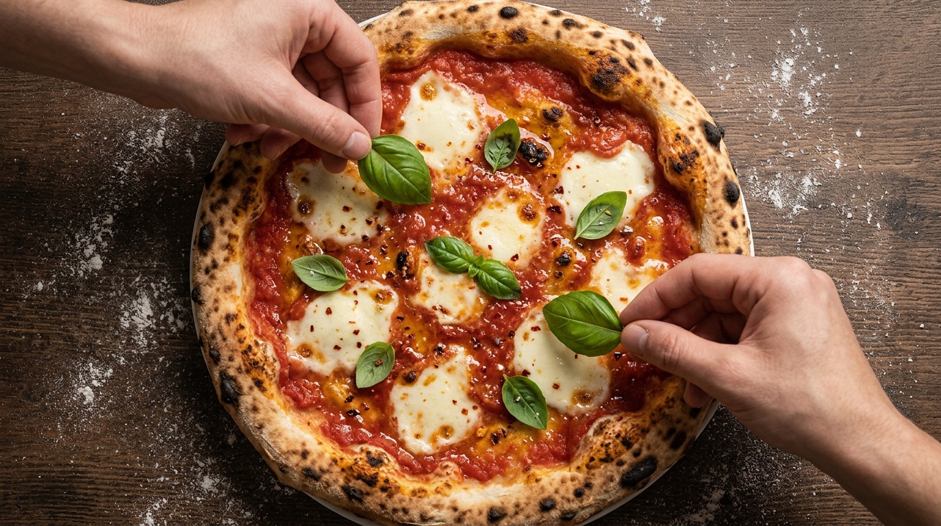 Hands placing basil leaves on a finished margherita pizza